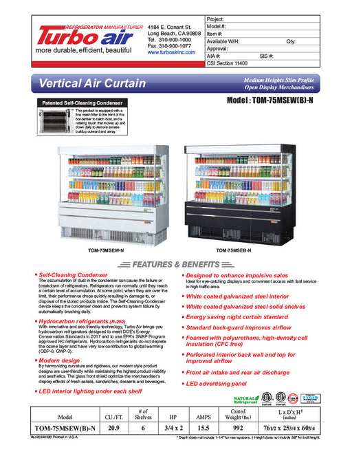 Turbo Air TOM-75MSEW-N 75 1/2" White Narrow Depth Vertical Open Air Cooler / Air Curtain Display Case with (4) Levels, 220v - Donut-Equipment.com