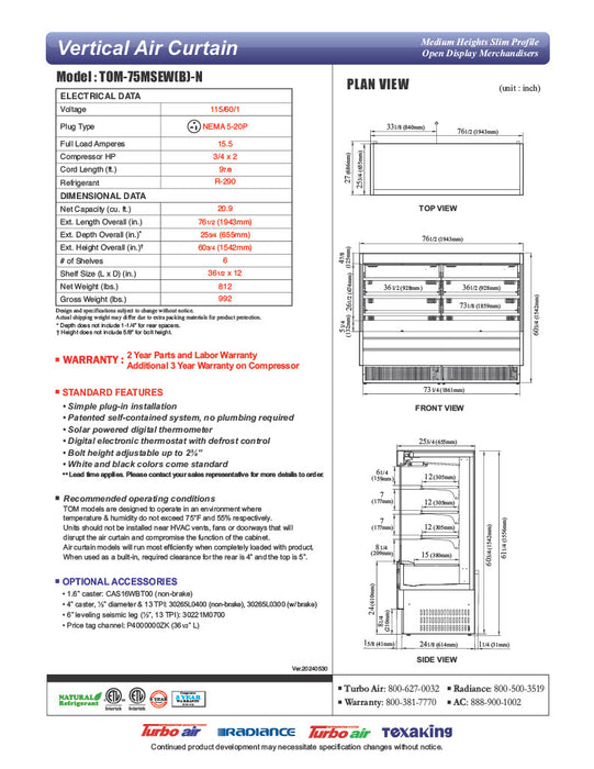 Turbo Air TOM-75MSEW-N 75 1/2" White Narrow Depth Vertical Open Air Cooler / Air Curtain Display Case with (4) Levels, 220v - Donut-Equipment.com