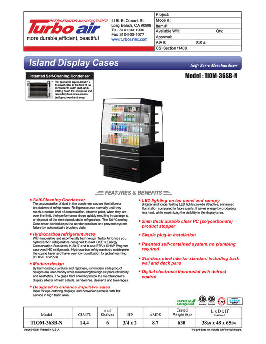 Turbo Air TIOM-36SB-N 39 3/8" Black Vertical Island Open Air Cooler with (4) Levels, 220v/1ph - Donut-Equipment.com