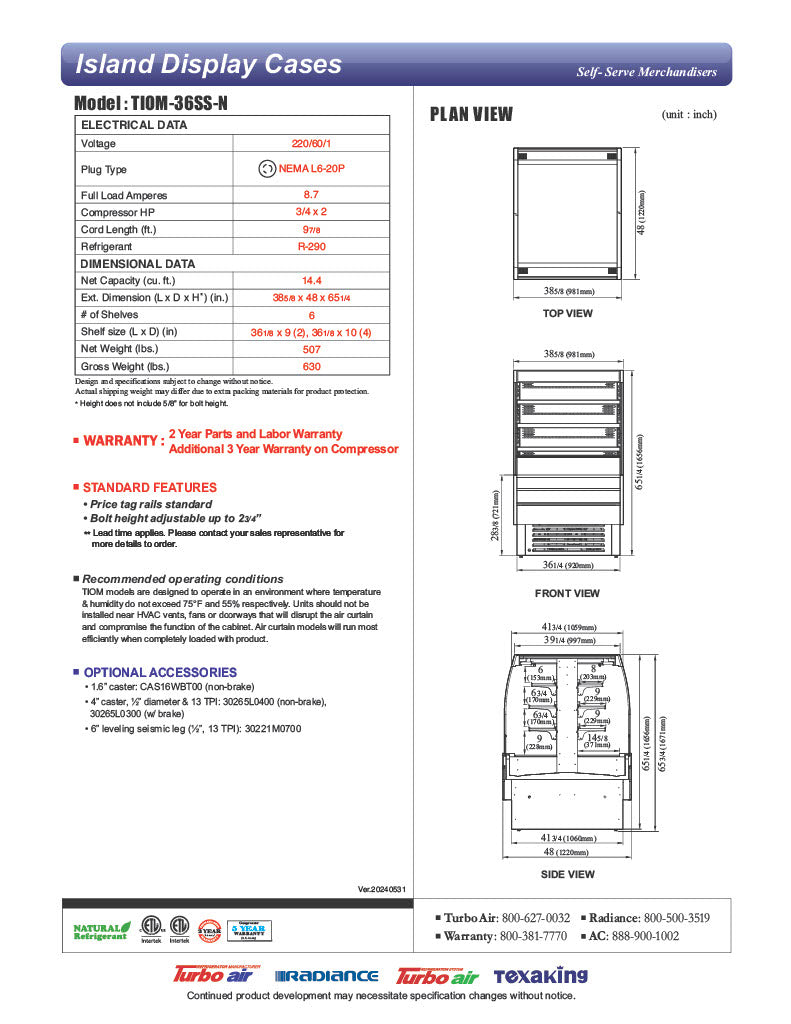 Turbo Air TIOM-36SS-N 39 3/8" Stainless Steel Vertical Island Open Air Cooler with (4) Levels, 220v/1ph - Donut-Equipment.com