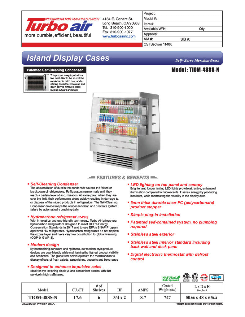 Turbo Air TIOM-48SS-N 51 1/8" Stainless Steel Square Island Self-Serve Display Case with (4) Levels, 220v/1ph - Donut-Equipment.com