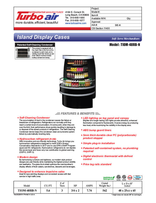 Turbo Air TIOM-48RB-N 48" Black Half-Round Island Open Air Cooler Display Case with (4) Levels, 220v/1ph - Donut-Equipment.com