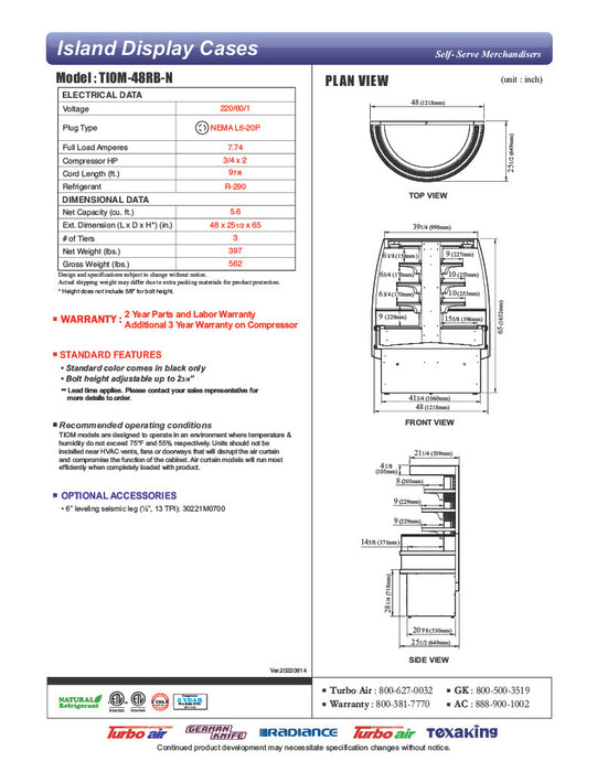 Turbo Air TIOM-48RB-N 48" Black Half-Round Island Open Air Cooler Display Case with (4) Levels, 220v/1ph - Donut-Equipment.com