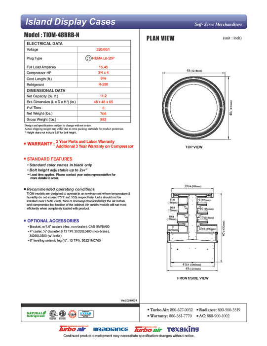 Turbo Air TIOM-48RRB-N 48" Black Vertical Round Island Open Air Cooler with (4) Levels, 220v/1ph - Donut-Equipment.com