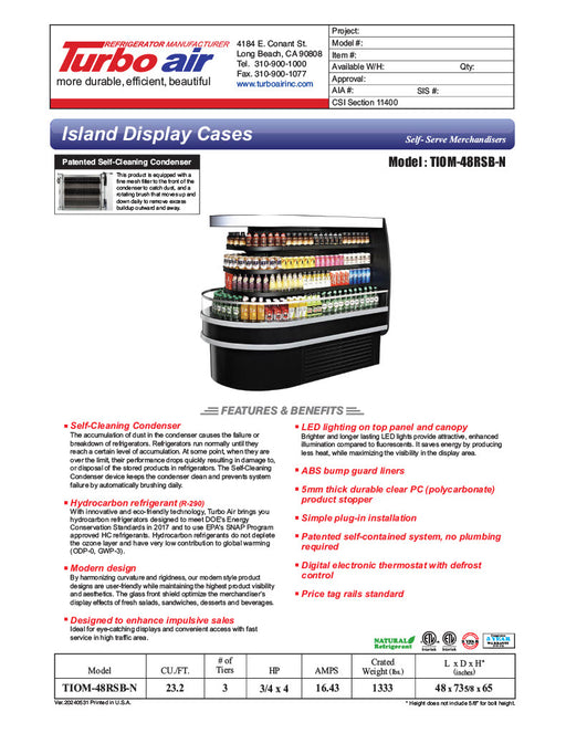 Turbo Air TIOM-48RSB-N 48" Black Horizontal Island Open Air Cooler with (4) Levels, 220v/1ph - Donut-Equipment.com