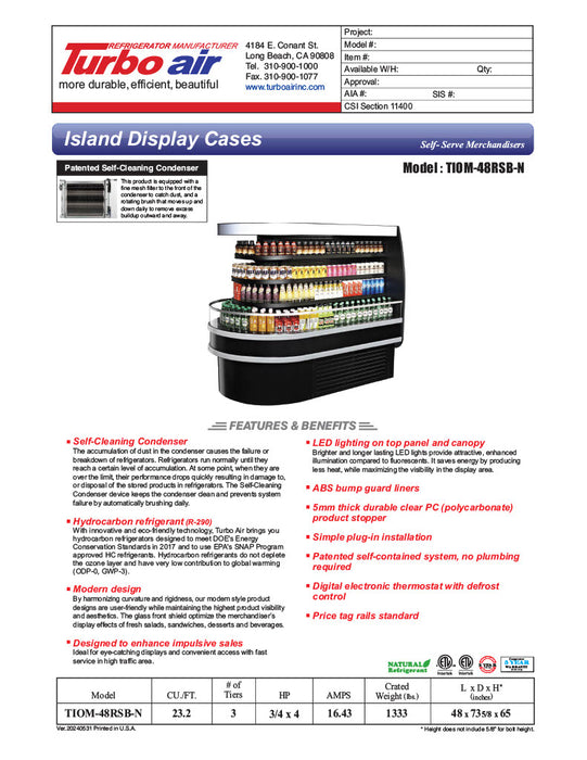 Turbo Air TIOM-48RSB-N 48" Black Horizontal Island Open Air Cooler with (4) Levels, 220v/1ph - Donut-Equipment.com