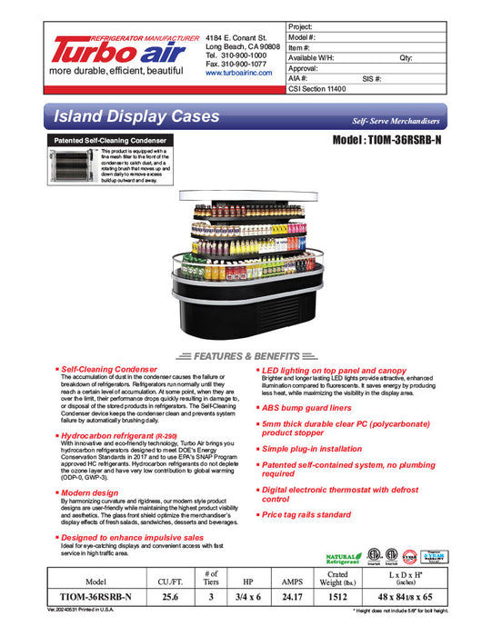 Turbo Air TIOM-36RSRB-N 48" Black Horizontal Island Open Air Cooler with (4) Levels, 220v/1ph - Donut-Equipment.com