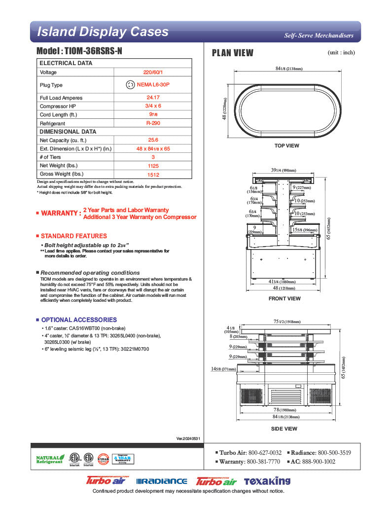Turbo Air Self-Serve Merchandiser TIOM-36RSRS-N 48" Stainless Steel Open Air Oval Island Display Case - Donut-Equipment.com