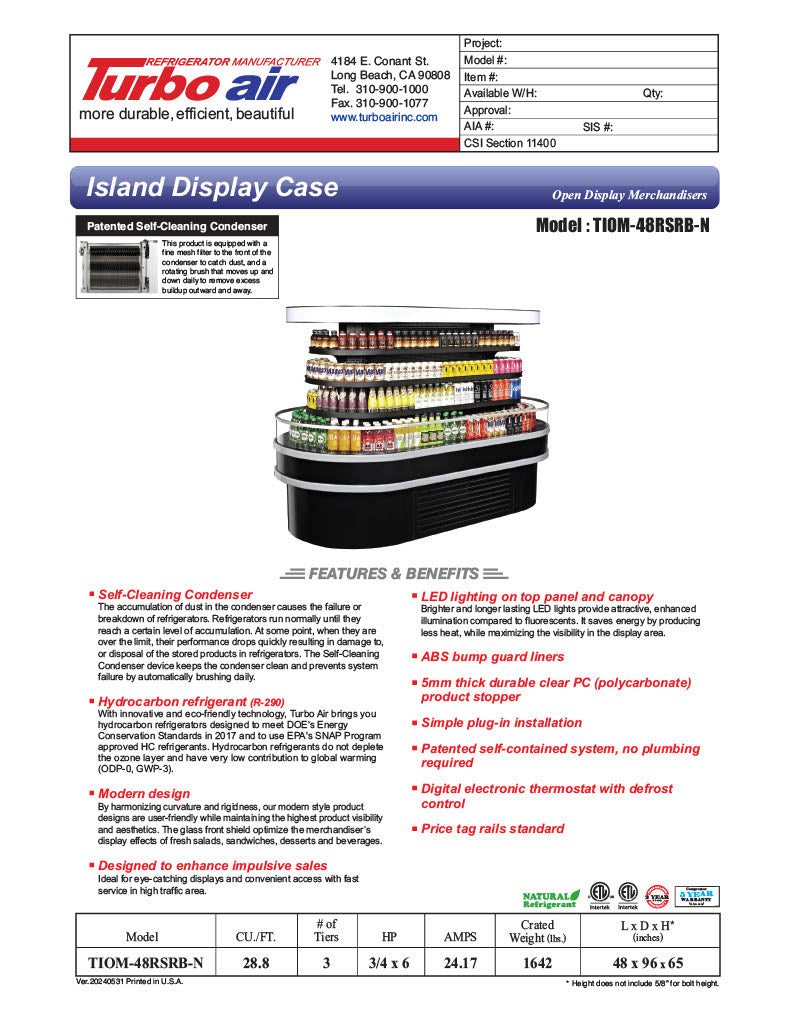Turbo Air TIOM-48RSRB-N 48" Black Horizontal Island Open Air Cooler – 4 Level Display, 220v - Donut-Equipment.com