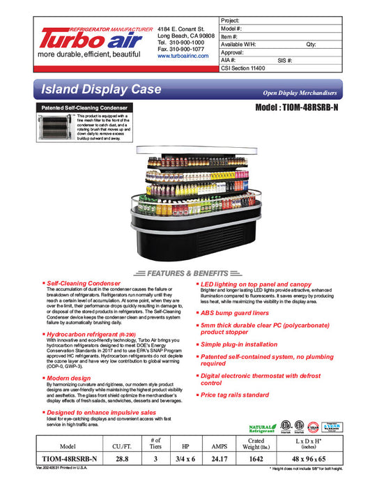 Turbo Air TIOM-48RSRB-N 48" Black Horizontal Island Open Air Cooler – 4 Level Display, 220v - Donut-Equipment.com