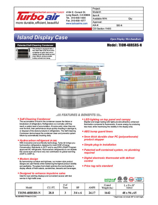 Turbo Air TIOM-48RSRS-N 48" Stainless Steel Horizontal Island Open Air Cooler – 4 Level Display, 220v - Donut-Equipment.com