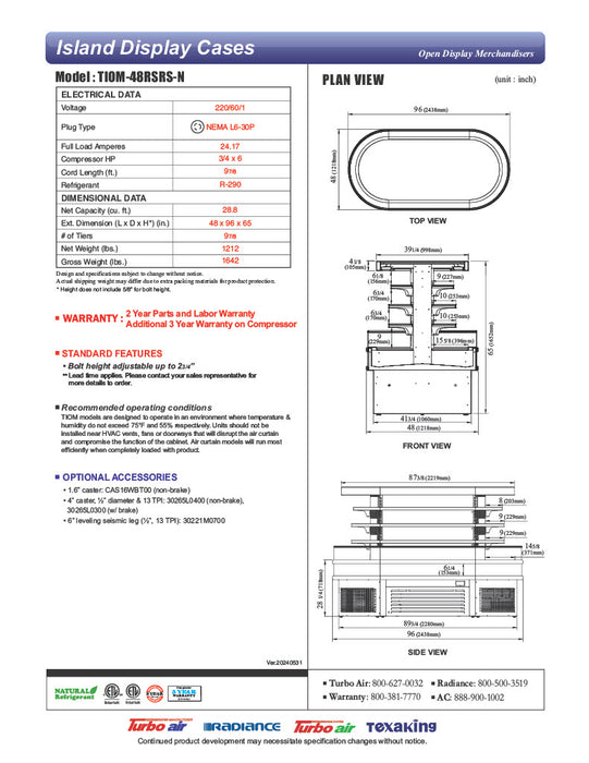 Turbo Air TIOM-48RSRS-N 48" Stainless Steel Horizontal Island Open Air Cooler – 4 Level Display, 220v - Donut-Equipment.com