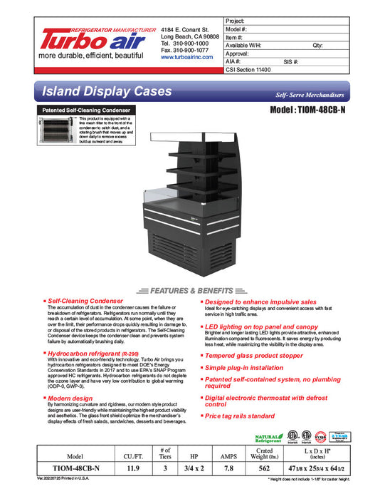 Turbo Air TIOM-48CB-N 48" Black Square Glass Island Display Case – Open Air Merchandiser, 220v - Donut-Equipment.com