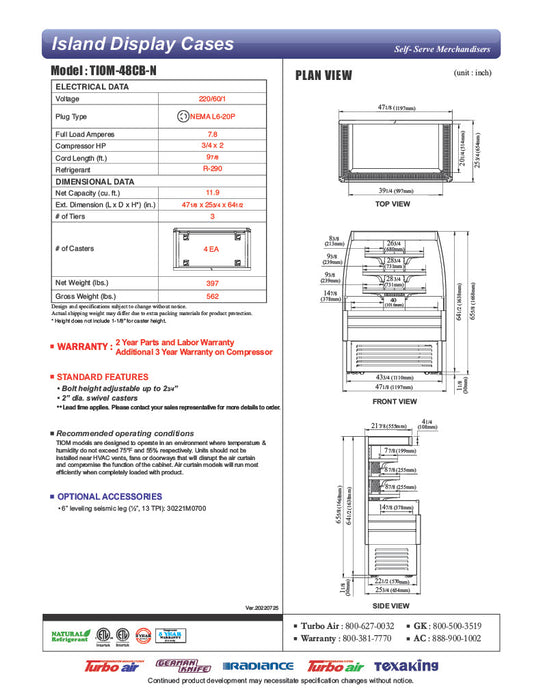 Turbo Air TIOM-48CB-N 48" Black Square Glass Island Display Case – Open Air Merchandiser, 220v - Donut-Equipment.com