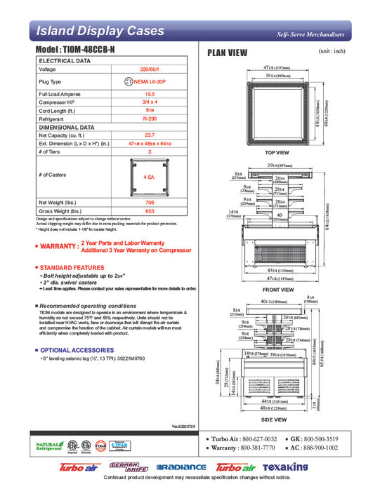 Turbo Air TIOM-48CCB-N 48" Square Island Open Air Cooler w/ (4) Display Shelves, Black Exterior, 220v - Donut-Equipment.com