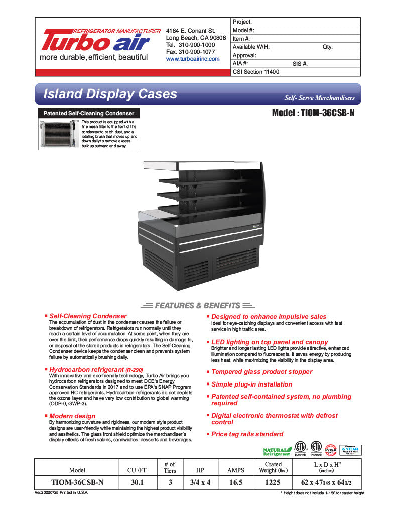 Turbo Air TIOM-48CSB-N 73" Square Island Open Air Merchandiser, 36 Cu. Ft., Self-Serve, Black, 220v - Donut-Equipment.com