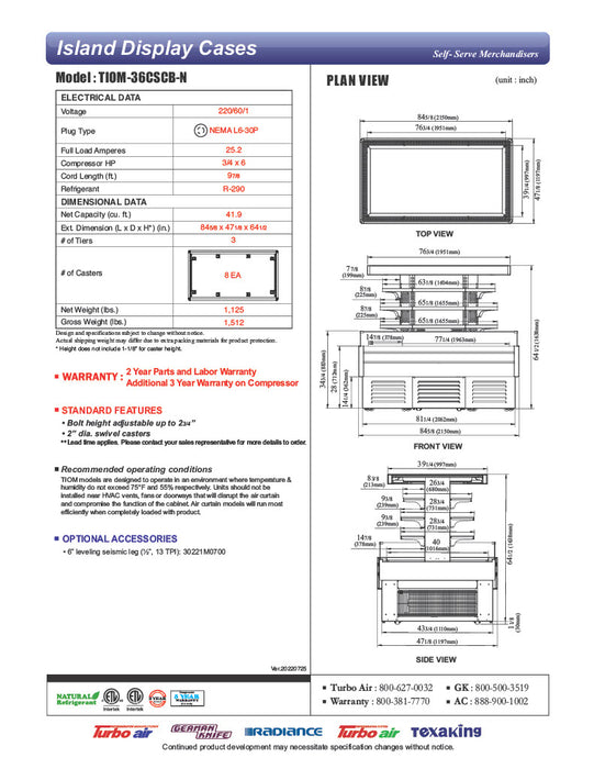 Turbo Air TIOM-36CSCB-N 84" Square Glass Island Open Air Merchandiser, 36 Cu. Ft., Self-Serve, Black, 220v - Donut-Equipment.com