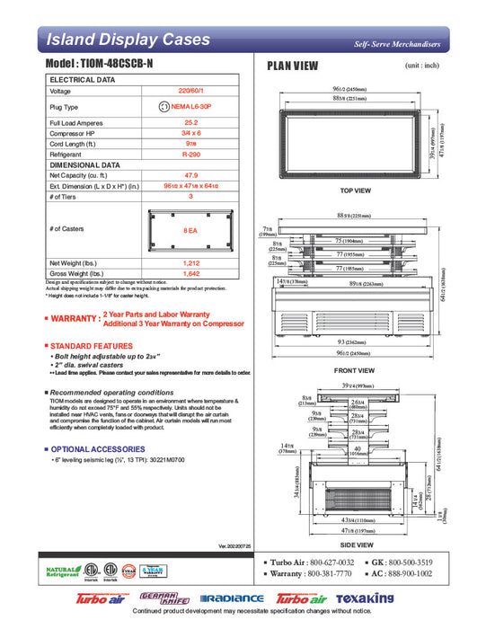 Turbo Air TIOM-36CSCB-N 84" Square Glass Island Open Air Merchandiser, 36 Cu. Ft., Self-Serve, Black, 220v - Donut-Equipment.com