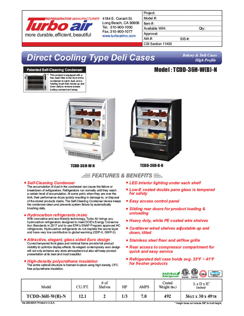 Turbo Air TCDD-36H-W-N 36" Curved Glass Full-Service Deli Display Case, 3 Levels, White Exterior, 115v - Donut-Equipment.com