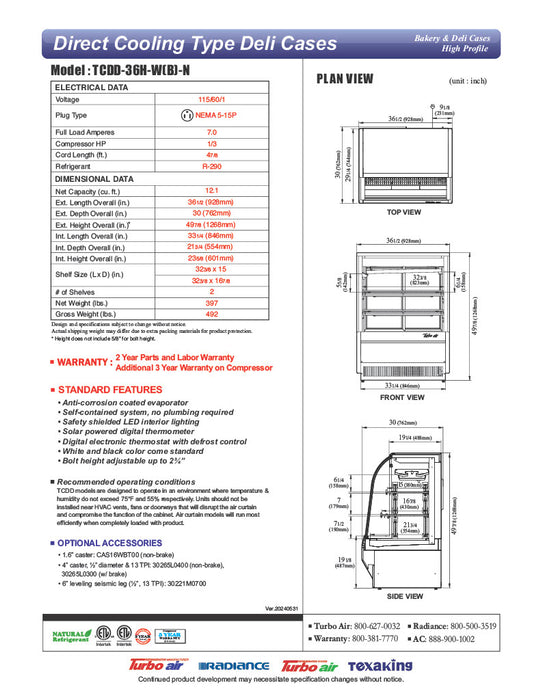Turbo Air TCDD-36H-W-N 36" Curved Glass Full-Service Deli Display Case, 3 Levels, White Exterior, 115v - Donut-Equipment.com