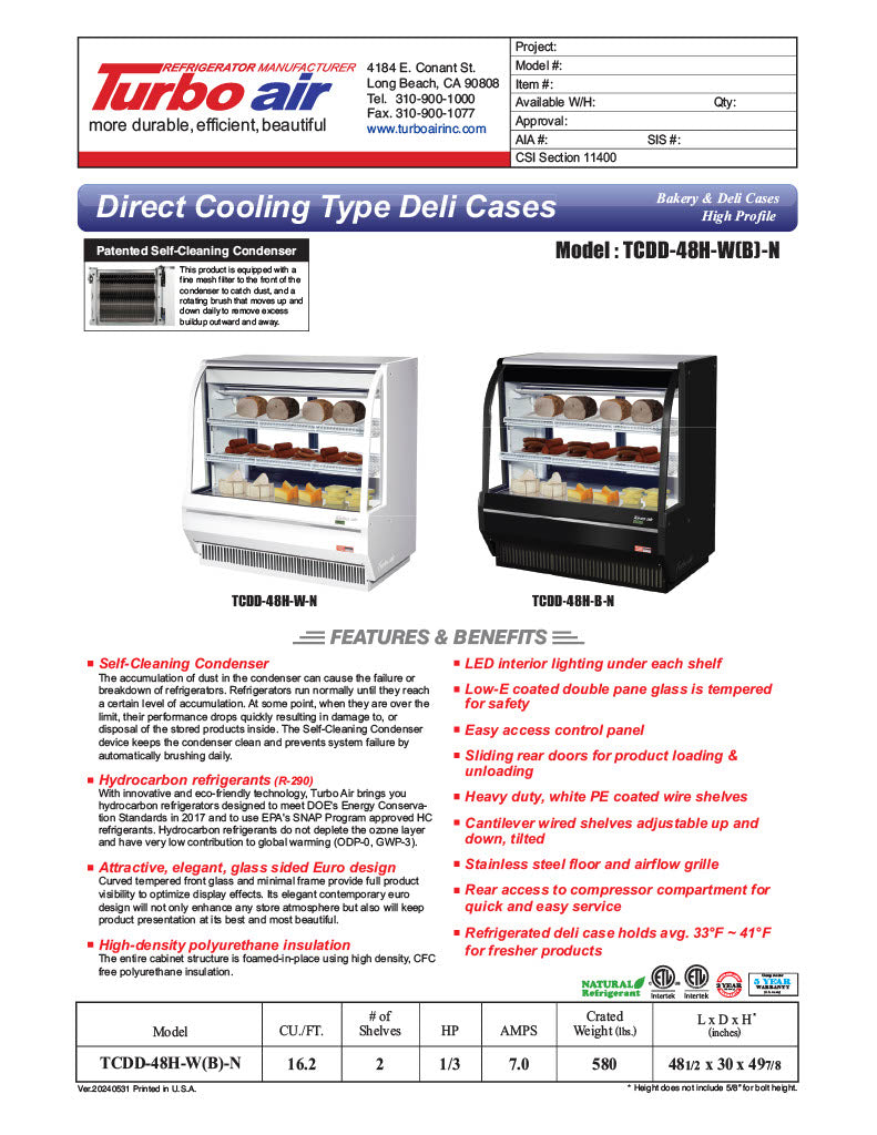 Turbo Air TCDD-48H-B-N 48" Curved Glass Full-Service Deli Display Case, 3 Levels, Black Exterior, 115v - Donut-Equipment.com