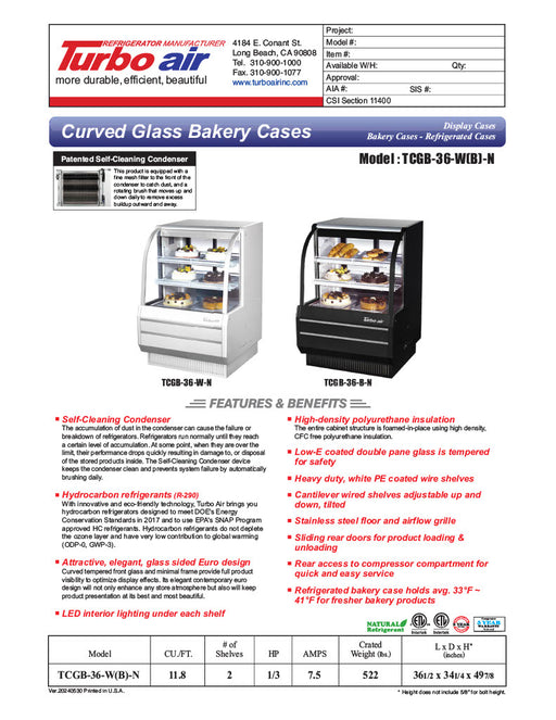 Turbo Air TCGB-36-B-N 36" Curved Glass Refrigerated Bakery Display Case, Black Exterior, 115v - Donut-Equipment.com