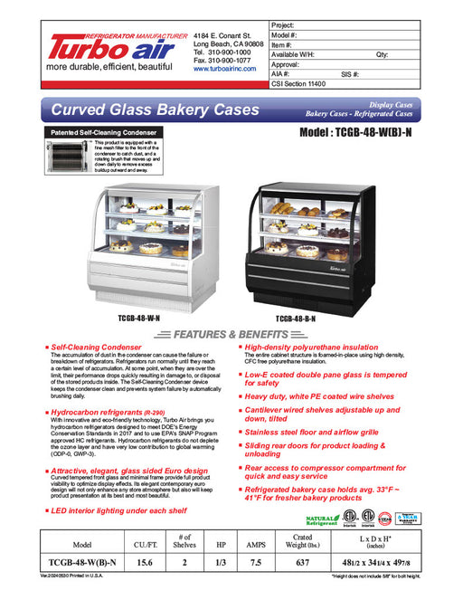 Turbo Air TCGB-48-B-N 48-1/2" Curved Glass Full-Service Refrigerated Bakery Display Case, 3 Levels, Black Exterior, 115v - Donut-Equipment.com
