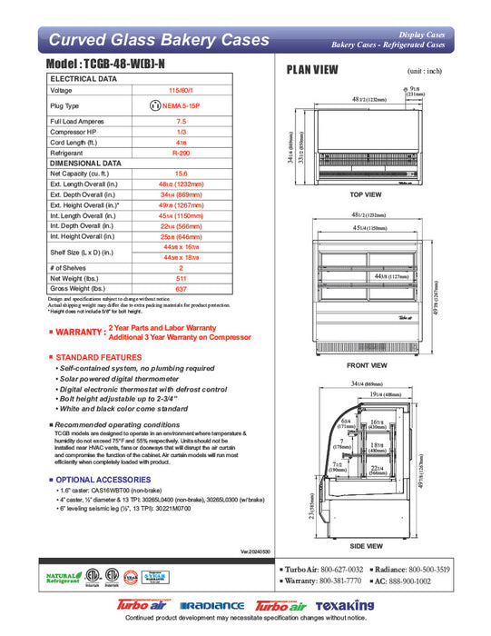 Turbo Air TCGB-48-B-N 48-1/2" Curved Glass Full-Service Refrigerated Bakery Display Case, 3 Levels, Black Exterior, 115v - Donut-Equipment.com