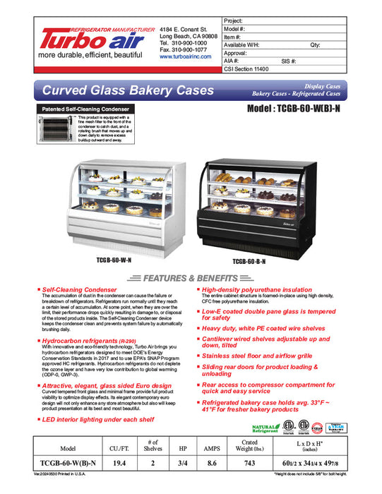 Turbo Air TCGB-60-B-N 60-1/2" Curved Glass Full-Service  Refrigerated Bakery Display Case, 3 Levels, Black Exterior, 115v - Donut-Equipment.com