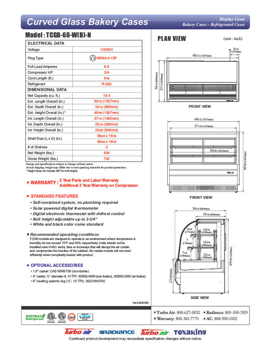 Turbo Air TCGB-60-B-N 60-1/2" Curved Glass Full-Service  Refrigerated Bakery Display Case, 3 Levels, Black Exterior, 115v - Donut-Equipment.com