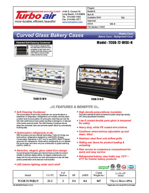 Turbo Air TCGB-72-B-N 72-1/2" Curved Glass Full-Service Refrigerated Bakery Display Case, 3 Levels, Black Exterior, 115v - Donut-Equipment.com