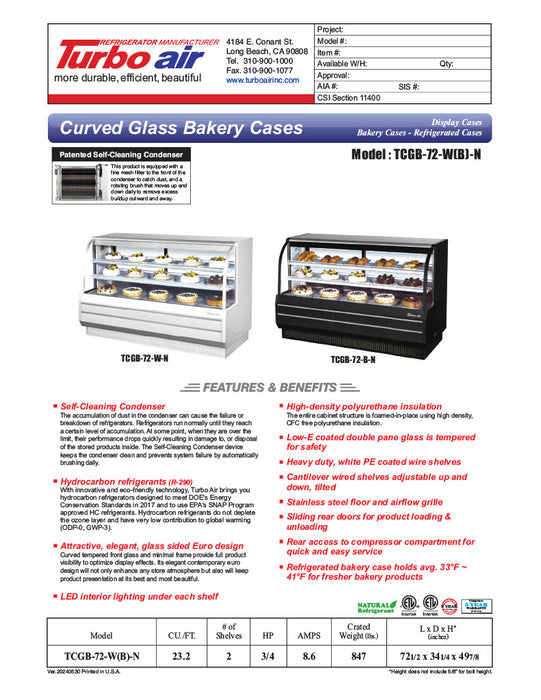 Turbo Air TCGB-72-B-N 72-1/2" Curved Glass Full-Service Refrigerated Bakery Display Case, 3 Levels, Black Exterior, 115v - Donut-Equipment.com