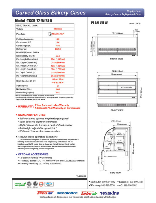 Turbo Air TCGB-72-B-N 72-1/2" Curved Glass Full-Service Refrigerated Bakery Display Case, 3 Levels, Black Exterior, 115v - Donut-Equipment.com