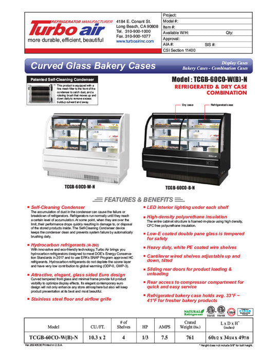 Turbo Air TCGB-60CO-B-N 60-1/2" Curved Glass Full-Service Dual Zone Dry/Refrigerated Bakery Display Case, 3 Levels, Black Exterior, 115v - Donut-Equipment.com