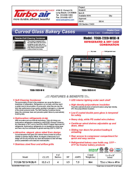 Turbo Air TCGB-72CO-B-N 72" Curved Glass Full-Service Dual Zone Dry/Refrigerated Bakery Display Case, 3 Levels, Black Exterior, 115v - Donut-Equipment.com