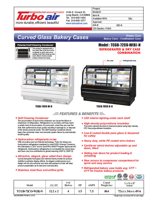 Turbo Air TCGB-72CO-B-N 72" Curved Glass Full-Service Dual Zone Dry/Refrigerated Bakery Display Case, 3 Levels, Black Exterior, 115v - Donut-Equipment.com