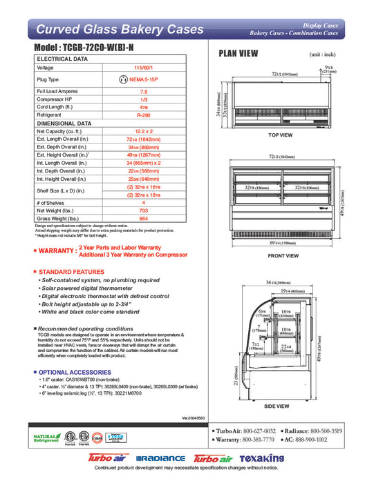 Turbo Air TCGB-72CO-B-N 72" Curved Glass Full-Service Dual Zone Dry/Refrigerated Bakery Display Case, 3 Levels, Black Exterior, 115v - Donut-Equipment.com