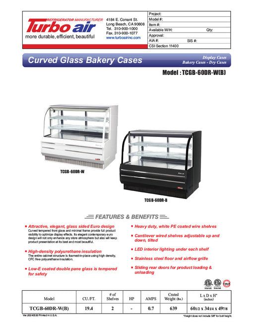 Turbo Air TCGB-60DR-B 60-1/2" Curved Glass Full-Service Dry Bakery Display Case, 3 Levels, Black Exterior, 115v - Donut-Equipment.com