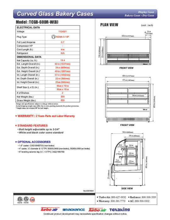 Turbo Air TCGB-60DR-B 60-1/2" Curved Glass Full-Service Dry Bakery Display Case, 3 Levels, Black Exterior, 115v - Donut-Equipment.com