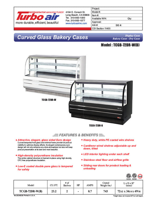 Turbo Air TCGB-72DR-B 72" Curved Glass Full-Service Dry Bakery Display Case, 3 Levels, Black Exterior, 115v - Donut-Equipment.com