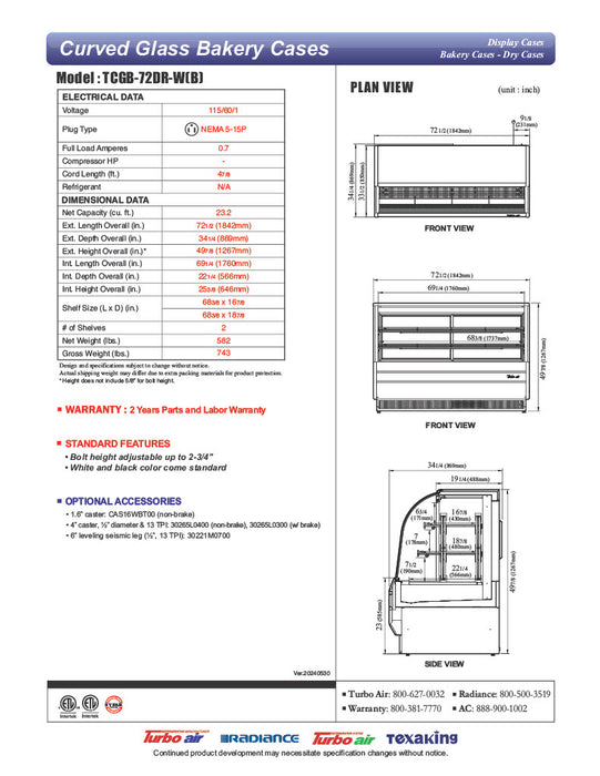 Turbo Air TCGB-72DR-B 72" Curved Glass Full-Service Dry Bakery Display Case, 3 Levels, Black Exterior, 115v - Donut-Equipment.com