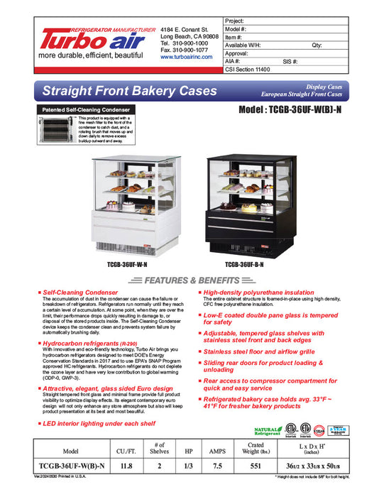 Turbo Air TCGB-36UF-B-N 36-1/2" Straight Glass Full-Service Bakery Display Case, 3 Levels, Black Exterior, 115v - Donut-Equipment.com