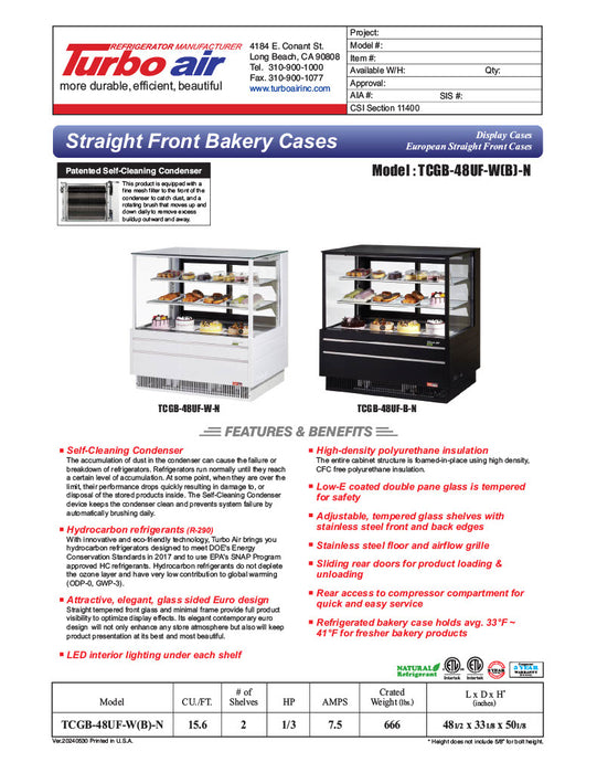 Turbo Air TCGB-48UF-B-N 48-1/2" Refrigerated Straight Glass Full-Service Bakery Display Case, 3 Levels, Black Exterior, 115v - Donut-Equipment.com