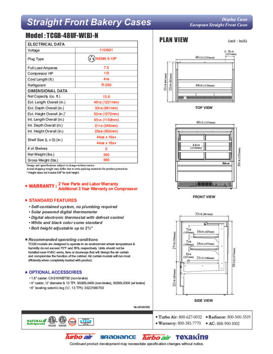 Turbo Air TCGB-48UF-B-N 48-1/2" Refrigerated Straight Glass Full-Service Bakery Display Case, 3 Levels, Black Exterior, 115v - Donut-Equipment.com