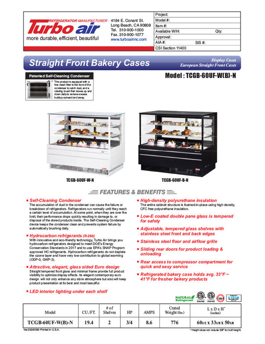 Turbo Air TCGB-60UF-B-N 60-1/2" Refrigerated Straight Glass Full-Service Bakery Display Case, 3 Levels, Black Exterior, 115v - Donut-Equipment.com