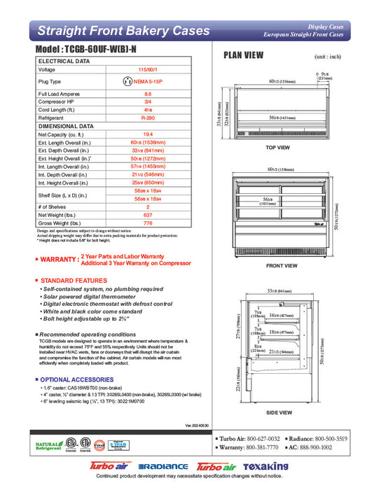 Turbo Air TCGB-60UF-B-N 60-1/2" Refrigerated Straight Glass Full-Service Bakery Display Case, 3 Levels, Black Exterior, 115v - Donut-Equipment.com