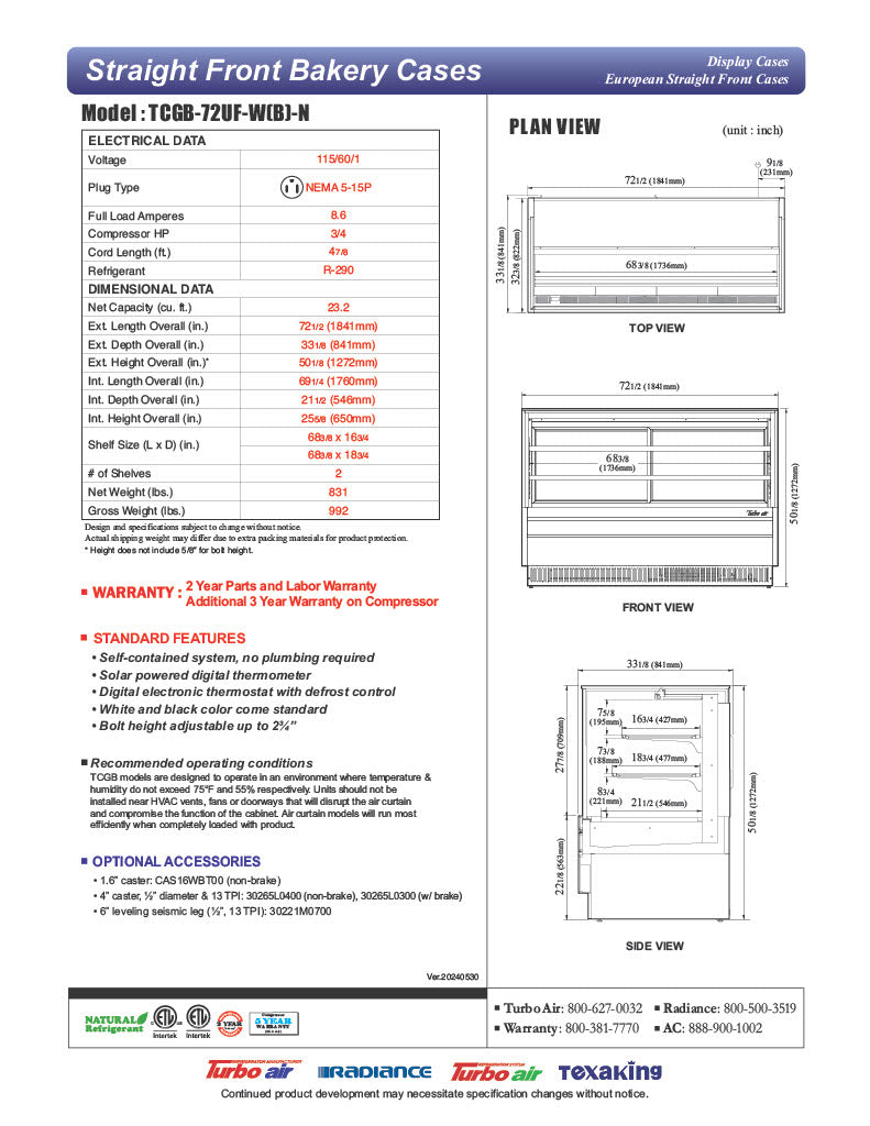 Turbo Air TCGB-72UF-B-N 72-1/2" Refrigerated Straight Glass Full-Service Bakery Display Case, 3 Levels, Black Exterior, 115v - Donut-Equipment.com