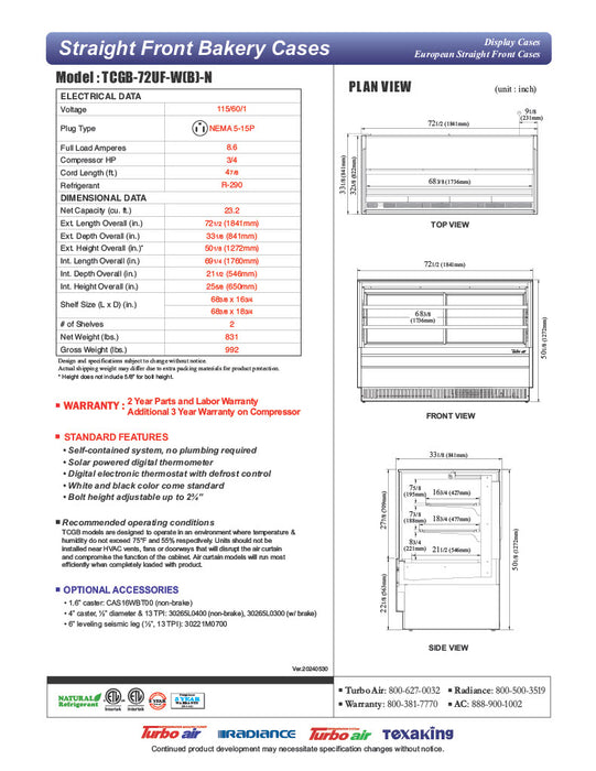 Turbo Air TCGB-72UF-B-N 72-1/2" Refrigerated Straight Glass Full-Service Bakery Display Case, 3 Levels, Black Exterior, 115v - Donut-Equipment.com