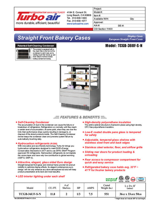 Turbo Air TCGB-36UF-S-N 36-1/2" Refrigerated Straight Glass Full-Service Bakery Display Case, 3 Levels, Stainless Steel Exterior, 115v - Donut-Equipment.com
