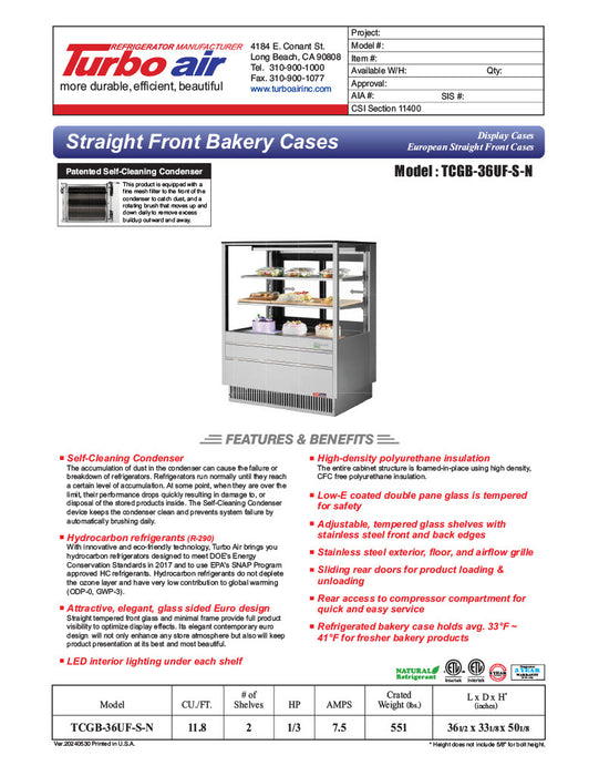 Turbo Air TCGB-36UF-S-N 36-1/2" Refrigerated Straight Glass Full-Service Bakery Display Case, 3 Levels, Stainless Steel Exterior, 115v - Donut-Equipment.com